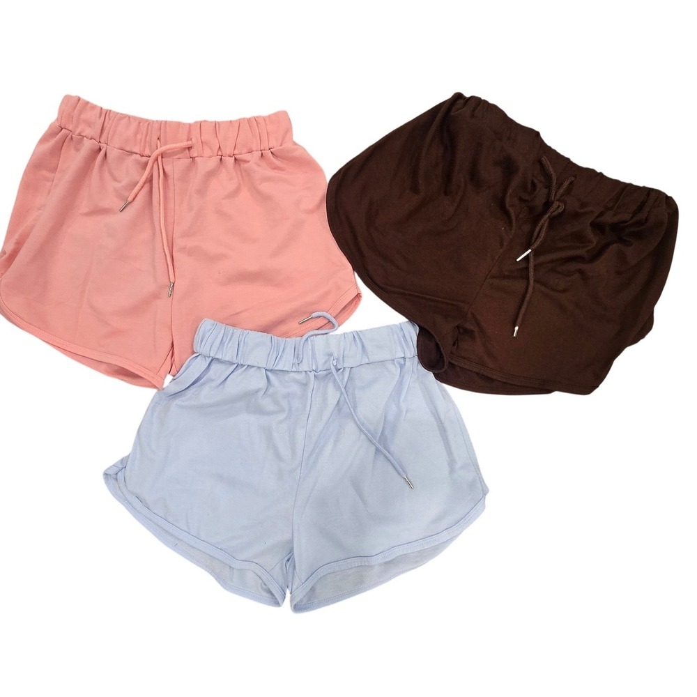Shein Womens Lounge Shorts 3 Pack Pink Blue Brown Elastic Waist Drawstring Large